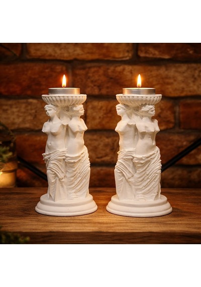 Yunan Üç Güzeller Tealight Mumluk Seti 2 Li, 16 Cm Taş Tozu Beyaz Heykel Mumluk, Antik Mitoloji Ev Dekoru