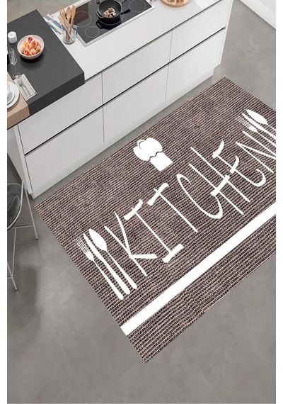 Dijital Baskılı Koyu Gri Kitchen Desenli Dekoratif Yıkanabilir Kaymaz Taban Mutfak Halısı Çok Renkli