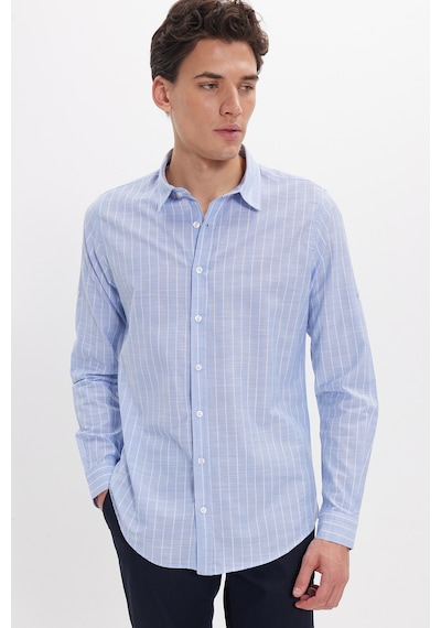 Tudors Erkek Slim Fit Dar Kesim Uzun Kollu %100 Pamuk Keten Doku Çizgili Gömlek-42647 Mavi