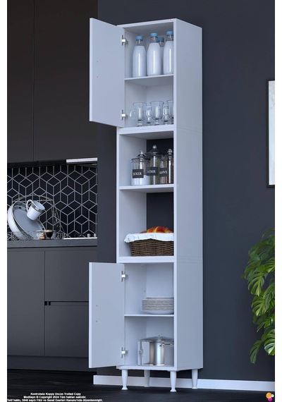 Bade 45 Cm 2 Kapaklı Açık Raflı Çok Amaçlı Mutfak Kiler Dolabı Banyo Dolabı Boy Dolabı 45x213x32 Cm Beyaz
