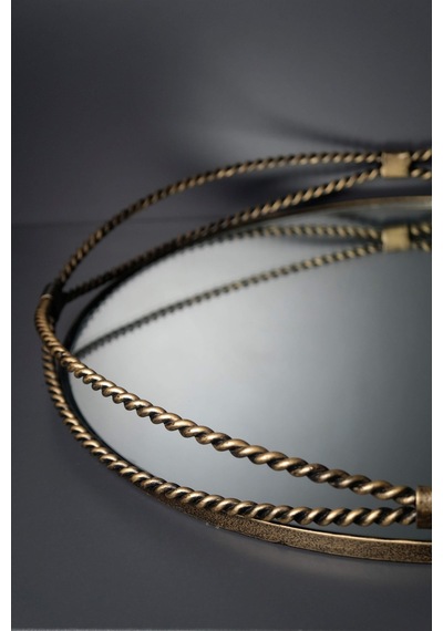 Gold Eskitme Antik Hasır Desenli Içi Aynalı Yuvarlak Metal Tepsi Gold Eskitme