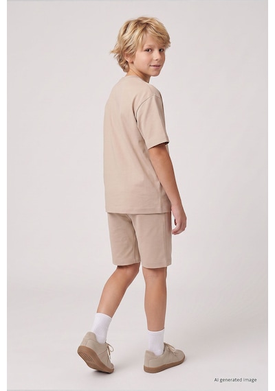 TOMMYLIFE Bej Oversize Fit Basic Erkek Çocuk Şort Takım - 11335