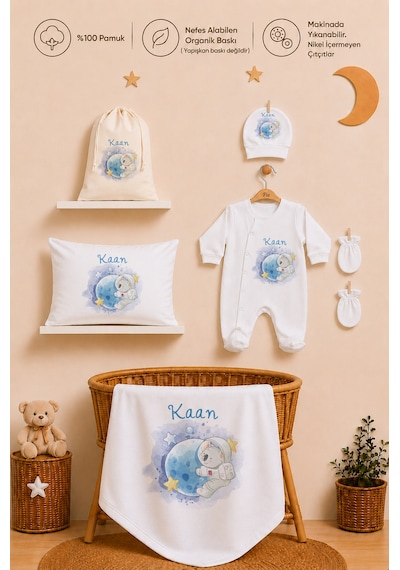 Pia Baby İsme Özel Hastane Çıkışı %100 Pamuk Erkek Bebek Organik Baskılı Tulum Set Keseli Hediyelik 2093tybkyx Krem