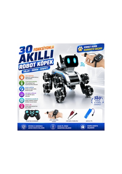 Robot Köpek Uzaktan Ve Bilekten Kumandalı Şarjlı 8 Teker Akrobat Robot Köpek Oyuncak Müzikli Ve Led Işık 2.4 Ghz Gri