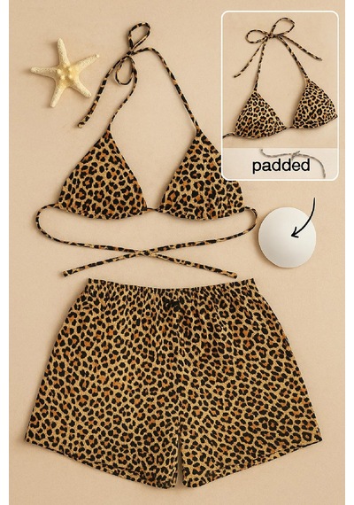 Angbutik Kadın Leopar Desenli Şortlu Belden Ve Boyundan Bağlamalı Bikini Takımı