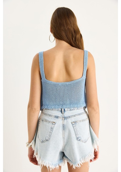 Shade Kadın Ajurlu Askılı Crop Triko Bluz 20251031 - Bebe Mavisi