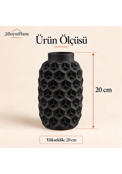 Dekoratif Vazo 20 Cm Geometrik Desenli Kuru Çiçek Ve Pampas Vazosu Siyah