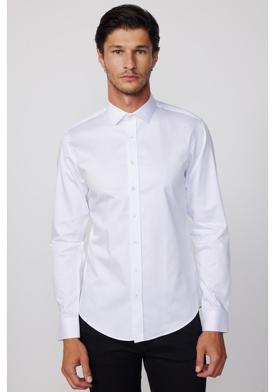 Tudors Slim Fit Uzun Kollu Pamuk Saten Erkek Beyaz Gömlek-13370 Beyaz