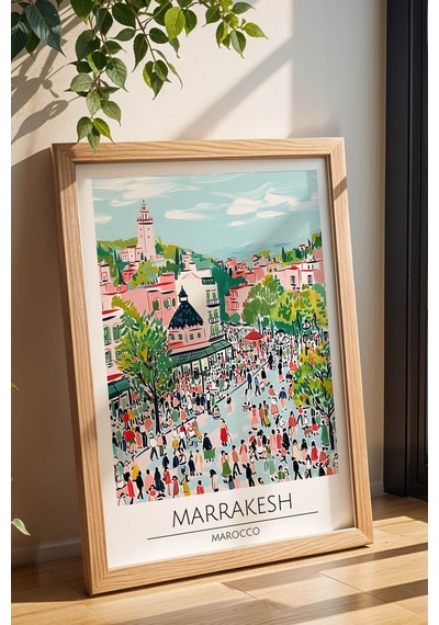 Fas Marrakesh Temalı Çerçeveli Tablo Travel Serisi Modern İllüstrasyon Şehir Duvar Dekoru Kayın