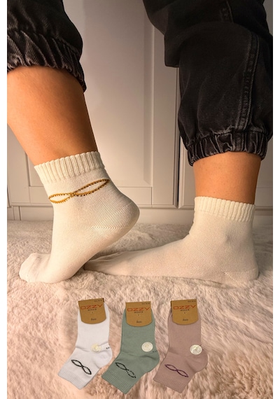 Ozzy Socks 3 Çift Kadın Taş Detaylı Dikişsiz & Takviyeli Patik Çorap Krem