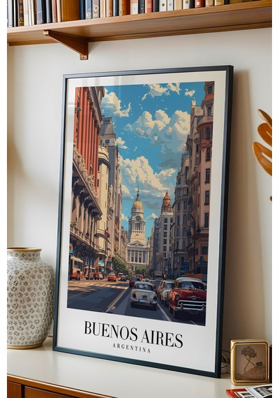 Buenos Aires Argentina Vintage Seyahat Posteri Çerçeveli Tablo - Premium Şehir Elit Duvar Dekoru Siyah