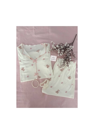 Mh Moony Homewears Kısa Kol Pembe Ayıcık Özel Doku Pijama Takımı Pembe Somon
