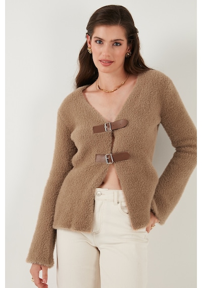 Lela Premium Regular Fit V Yaka Çift Kemerli Peluş Bayan Hırka 680Hi00112 Vizon