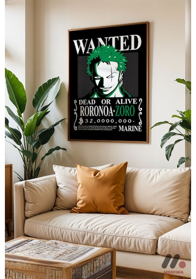 One Piece Zoro Wanted Poster, Ahşap Çerçeveli Duvar Tablosu - Anime Severlere Özel Hediye