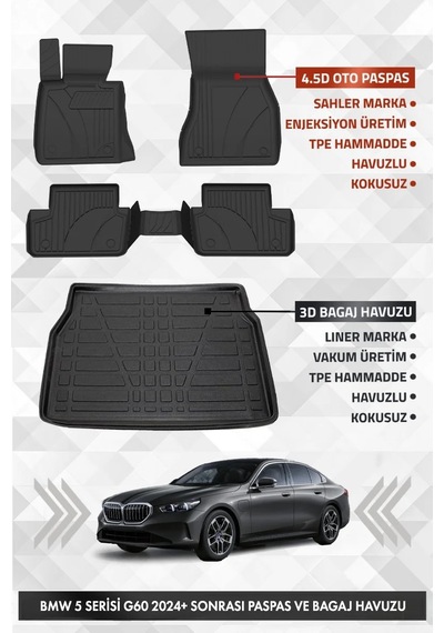 Bmw G60 5 Serisi 2024 Ve Sonrası Uyumlu 4.5d Pro Premium Havuzlu Oto Paspas Ve Liner Bagaj Havuzu