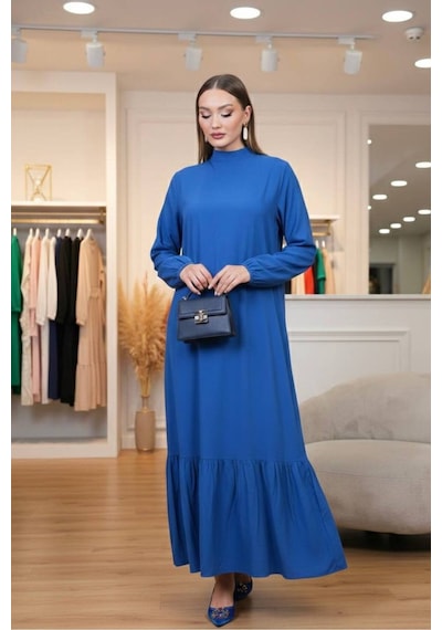 Polologin Butik İndigo Mavi Dik Yaka Büzgülü Kol Maxi Elbise - Eteği Volanlı Akışkan Tasarım Mavi Polologin Butik İndigo Mavi Dik Yaka Büzgülü Kol Maxi Elbise - Eteği Volanlı Akışkan Tasarım Mavi