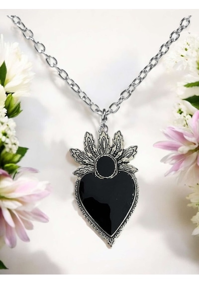 Gotik Kalp Kolye Yaprak Siyah Kalp Zincir Kolye 60 Cm Çok REnkli