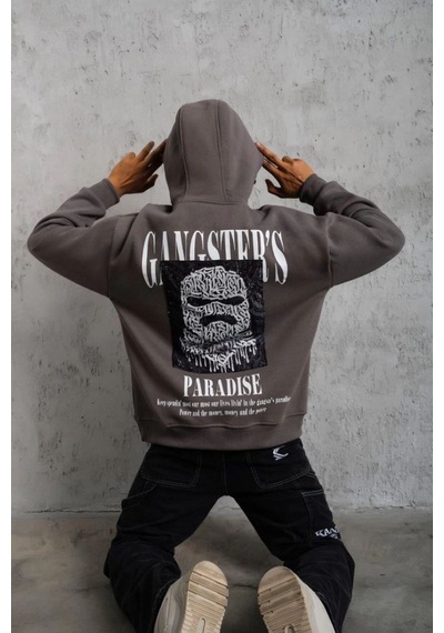 Mbb E-ticaret Erkek 3 İplik Pamuklu Baskılı Kapüşonlu Cepli Sweatshirt Hoodie - Gri