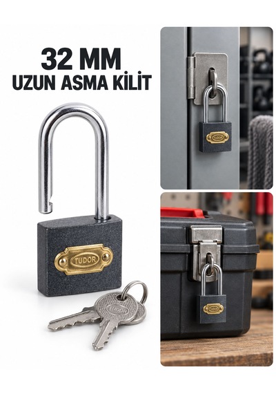 32 Mm Gri Uzun Kelepçeli Asma Kilit 2 Anahtarlı Depo, Dolap Ve Takım Çantası Kilidi