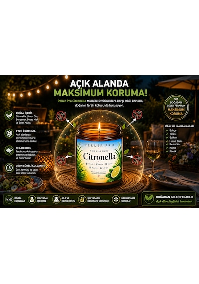 Sivrisinek Kovucu Mum 210 Gr Açık Alan Mumu Bahçe Balkon Teras İçin Citronella Aromatik Mum Beyaz