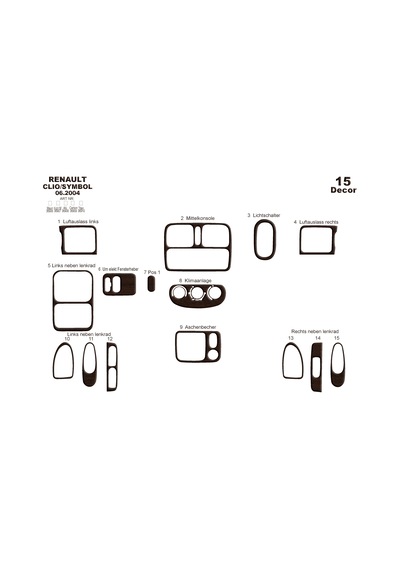 Renault Clio Symbol Torpido Kaplama 2004-2008 15 Parça Koyu Meşe