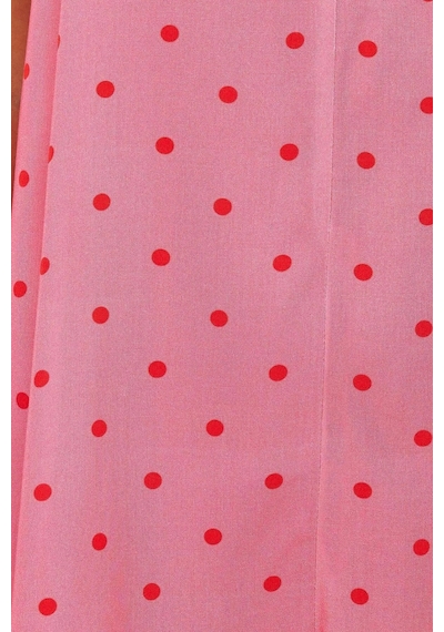 Ersefa Kadın Moda Boru Paça V Yaka Puantiyeli Desen Kısa Puantiyeli İp A Pembe