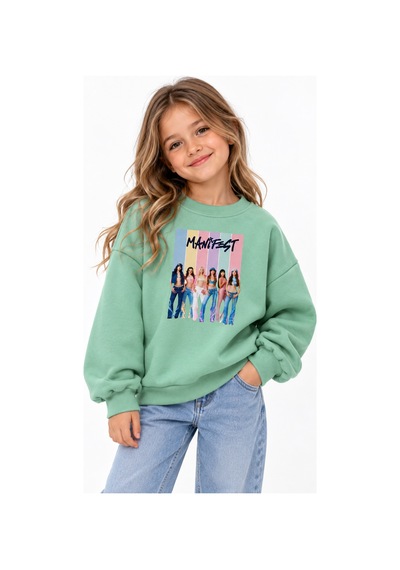 Fasardi Super Bear Adventure Baskılı Oversize 3 İplik Şardonsuz Uzun Kollu Unisex Çocuk Sweatshirt Mint