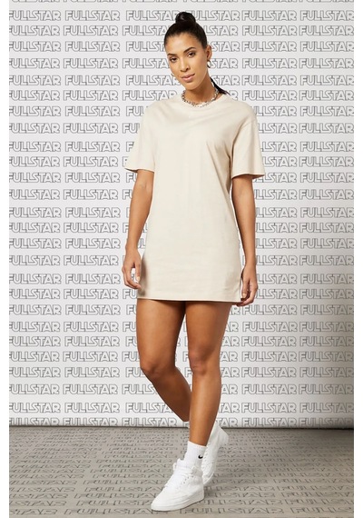 Nike Sportswear Organic Cotton Short Sleve Dress Nakış Swooslu Bej Elbise Bej