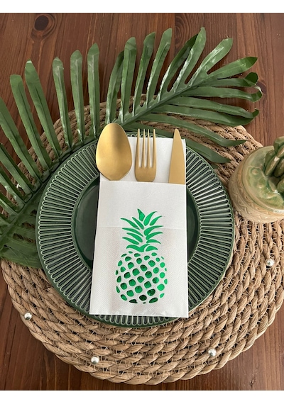 Yeşil Yaldızlı Beyaz Cepli Ananas Peçete 12 Adet 40x40