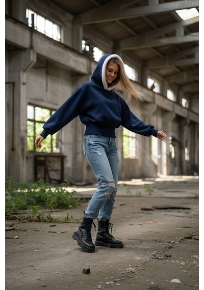 Kapşonlu Peluş Detaylı Sweatshirt Mavi