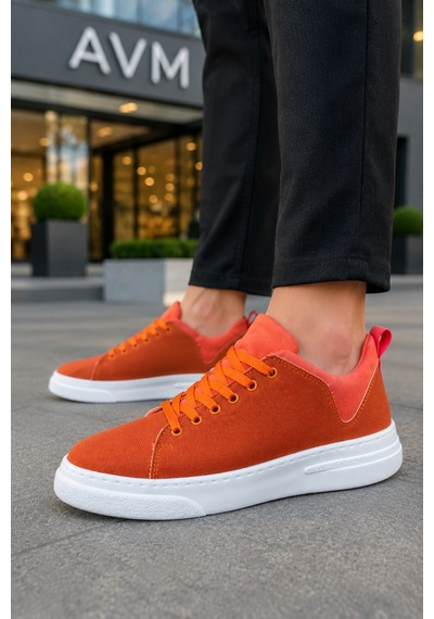 Mevese Ont Bağcıklı Keten Dokulu Hafif Taban Erkek Günlük Casual Sneaker Ayakkabı - Turuncu