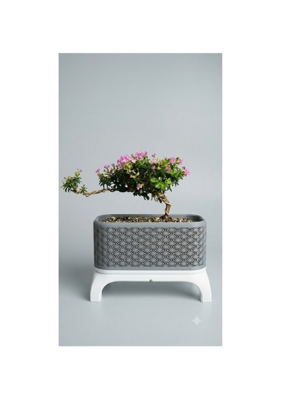 Kumiko Desenli Ayaklı Dikdörtgen Bonsai Saksısı Organik Pla, Doğa Dostu Dekoratif Bitki Saksısı Gri