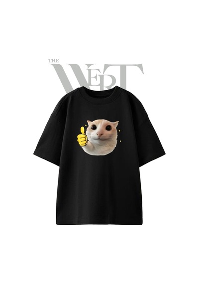 Thewert Cat Thumbs Up Tasarım Baskılı Ünisex Siyah Oversize T-shirt