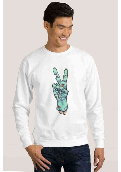 Zombie Peace Baskılı Beyaz Erkek Örme Sweatshirt
