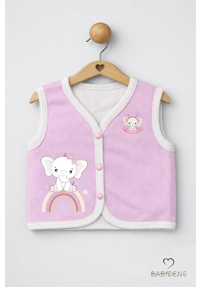 Babyden's 2 Li Kız Bebek Yelek Seti ,jakarlı Kalp Desenli,pamuklu,çıtçıtlı Bebek Yeleği Fil Baskılı,mevsimlik Ekru - Pembe