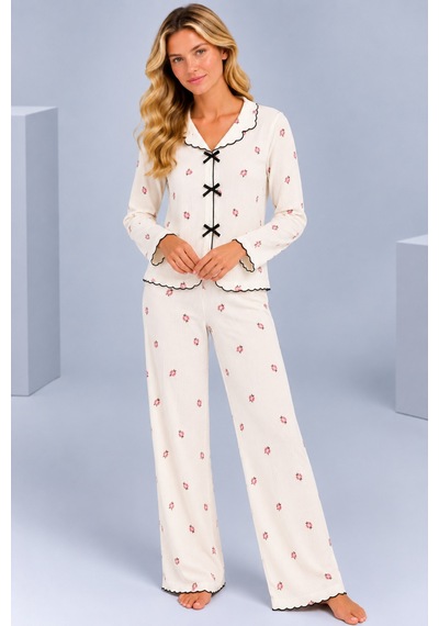 Pijamask Kadın Desenli Fiyonk Detaylı Düğmeli Uzun Kollu Müslin Pijama Takımı Ekru