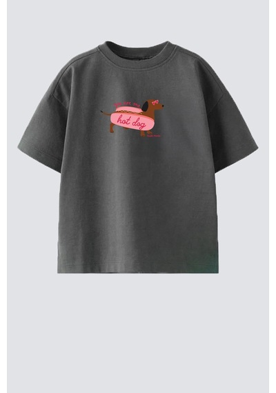 Monila Kız Çocuk Pamuklu Bisiklet Yaka Baskılı T-shirt Antrasit