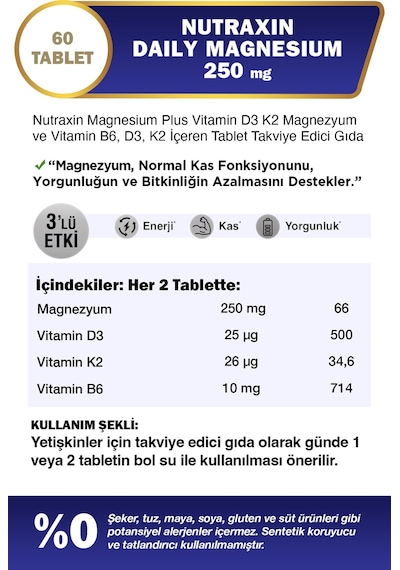 Nutraxin Magnezyum Daily Energy 250 Mg 60 Tablet - Magnesium, D3, K2, B6