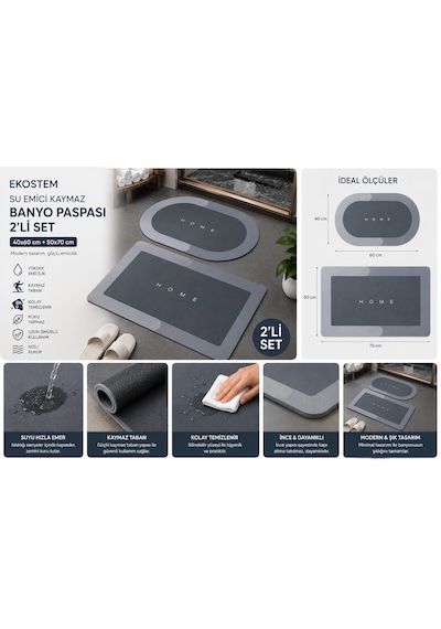 Ekostem 2'li Su Emici Kaymaz Banyo Paspası Seti 40x60 + 50x70 Cm Yıkanabilir Gri
