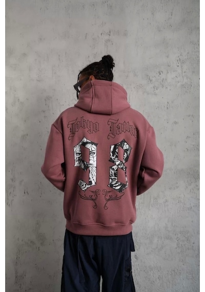 Erkek 98 Baskılı Kapşonlu Sweat - Gül Kurusu Gülkurusu