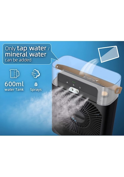 Masaüstü Taşınabilir Sulu Hava Soğutucu Fan - 600ml Su Depolu Mini Hava Klima, 3 Kademeli Hız, Renkli Led Gece Lambası, 60 Ayarlanabilir Açı, Usb İle Çalışan Sessiz Vantilatör & Nemlendirici