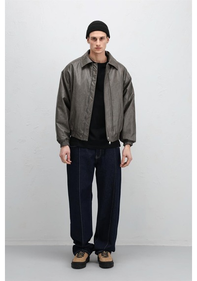 Vamos Oversize Deri Bomber Ceket Vizon