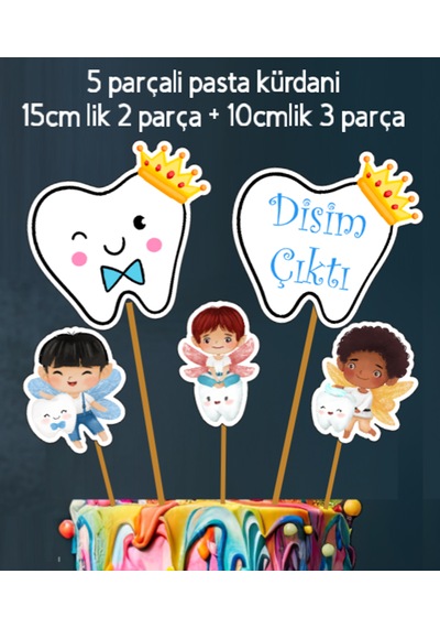 Erkek 32 Parça İlk Dişim Çıktı Diş Buğdayı Erkek Süs Seti Banner Pasta Kürdanı Cupcake Süsü Seti Mavi