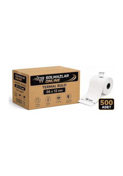 Solmazlar Online 56x12 Termal Rulo Kağıt 500 Adet Koli Yazar Kasa, Pos Ve Termal Yazıcı Uyumlu