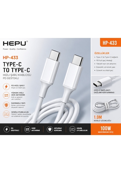 Hepu Hp-433 Royal Type-c To Type-c Kablo Hızlı Şarj Ve Veri Aktarımı 1 Metre