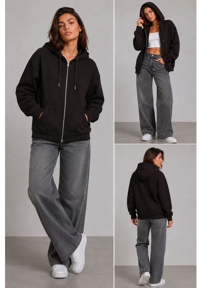 Bb Butik Basic Kadın Oversize Fermuarlı Kapüşonlu Sweatshirt Üç İplik Sweatshirt Hırka My3535 siyah