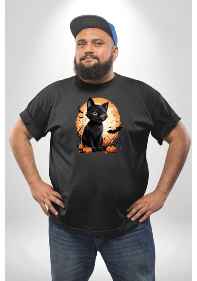 Angemiel Cadılar Bayramı Kedi Siyah Büyük Beden Erkek Kadın Unisex Basic Ön Baskılı Tişört Siyah