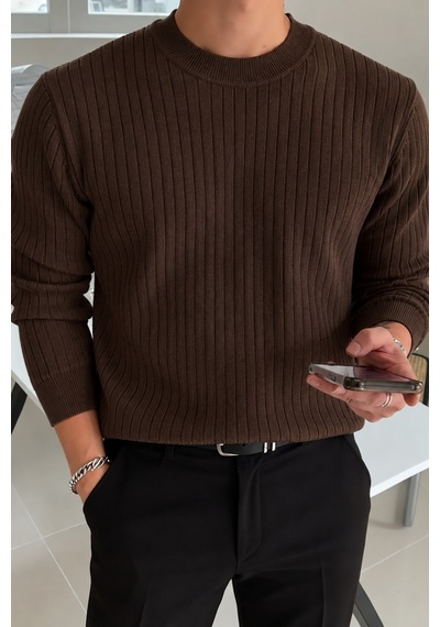 Erkek Bisiklet Yaka Slim Fit Triko Kazak Kahverengi