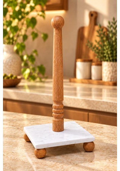 Atbyhome 2'li Mermer Kağıt Havluluk Ve Ahşap Ayaklı Tezgah Üstü Sunum Standı Yağdanlık Altlığı Seti Beyaz