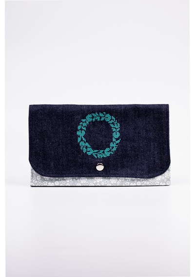 Fabric Craft Bag Kadın Kumaş Cüzdan Nakışlı Lacivert - Yeşil